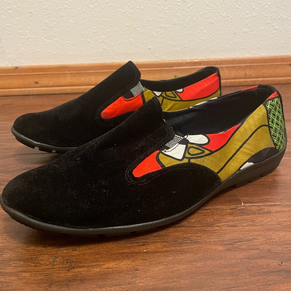 African Pattern Black Suede Unique Streetwear Luxury Slip-On Shoes Women’s 10
